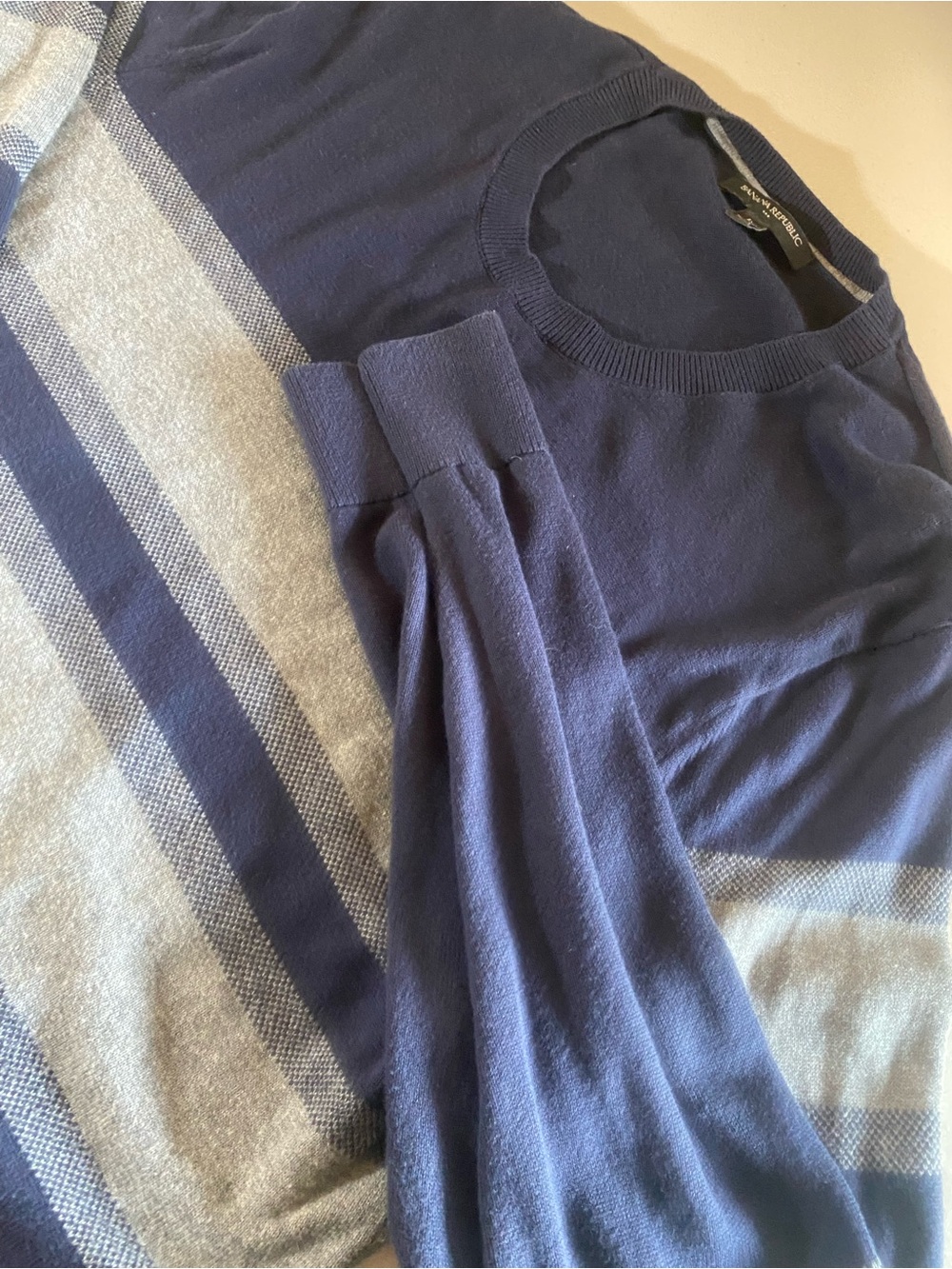 Banana Republic Navy and Gray Striped Crewneck Sweater